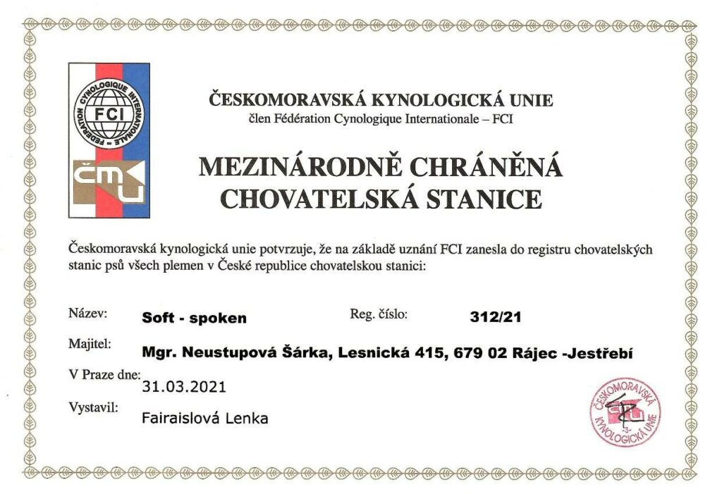 Certifikát registrace Mezinárodně chráněné chovatelské stanice FCI Soft-spoken