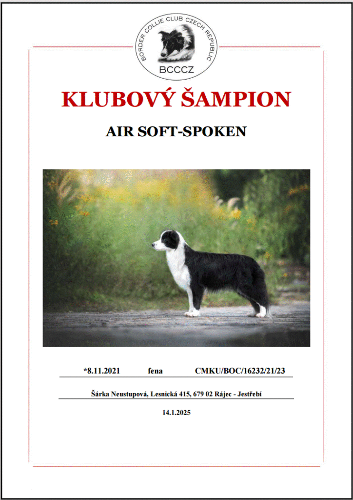 diplom - klubový šampion BCCCZ s fotkou